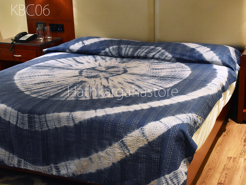 Sophia-Art Indian Cotton Kantha Quilt Indigo Blue Bohemian Floral Bedding Bedspread Hippie Throw Blanket Handmade Quilt