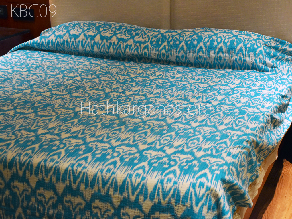 Ikat Paisley Print Kantha Quilted Bedspread Kantha Bedsheet kantha Bed cover 