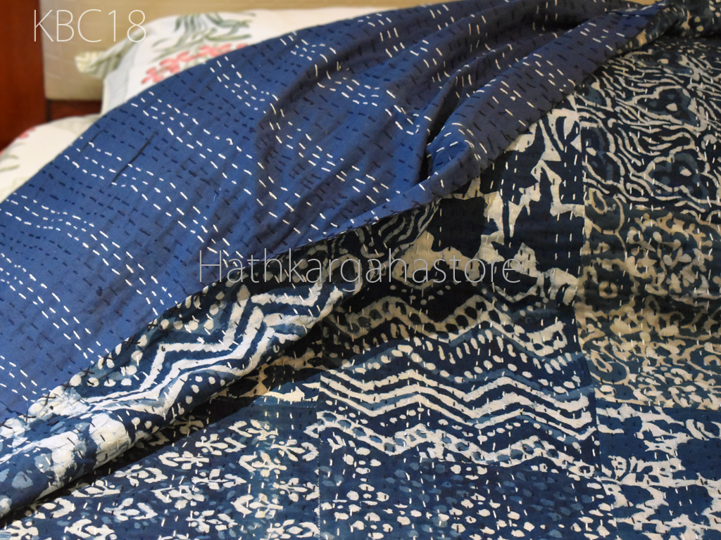 Natural Blue Indigo Hand Block Print Indian Cotton Kantha Quilt,Handmade Kantha Stitched Bed Cover/Blanket fish print 