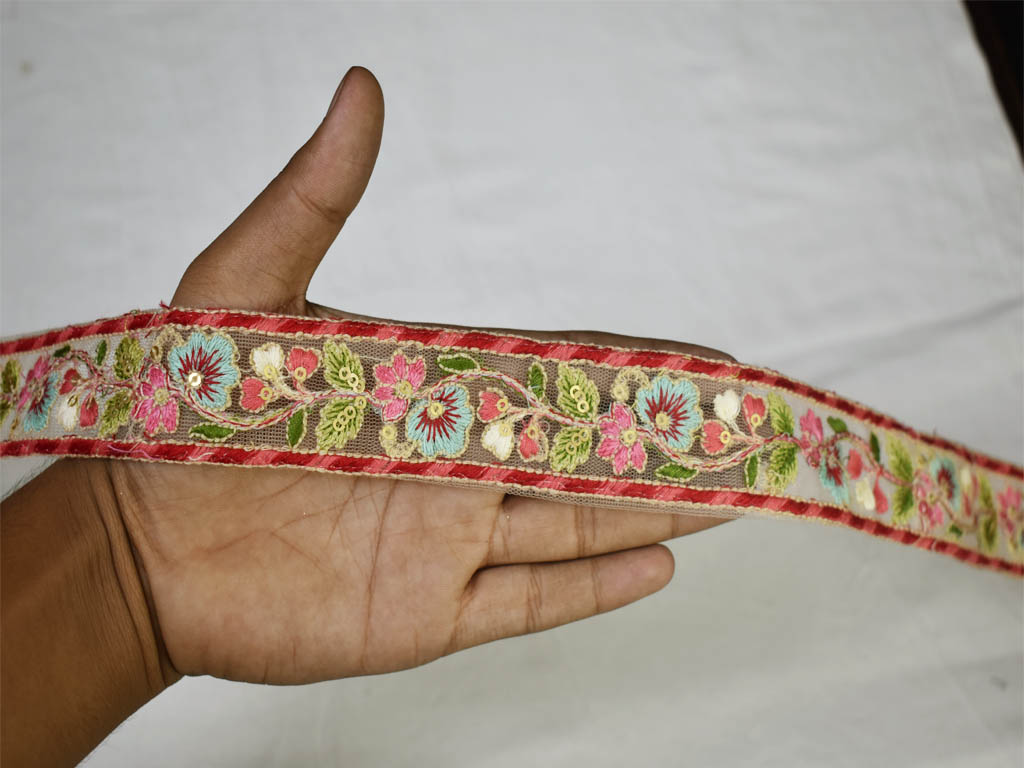 Sanskriti Vintage Sari Border Antique Hand Beaded 1YD Indian Trim Sewing Pink 