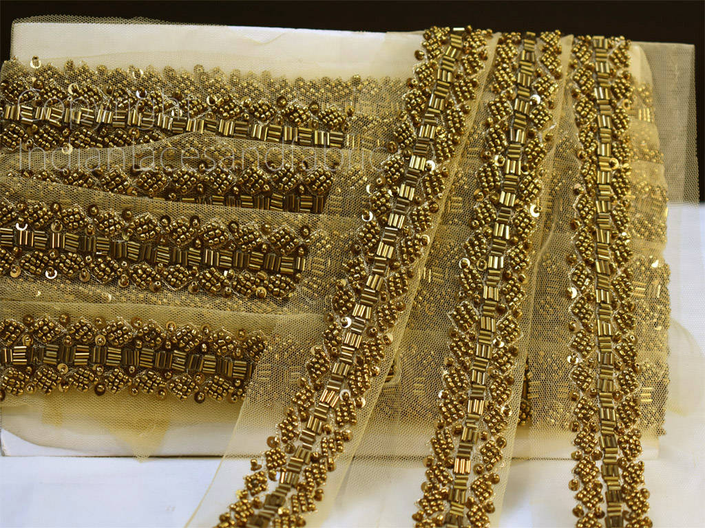 Gold Beaded Trim, Hand Embroidered Trim,bridal Trim,bridal Sash Trim,sari  Border, Fashion Trim. 