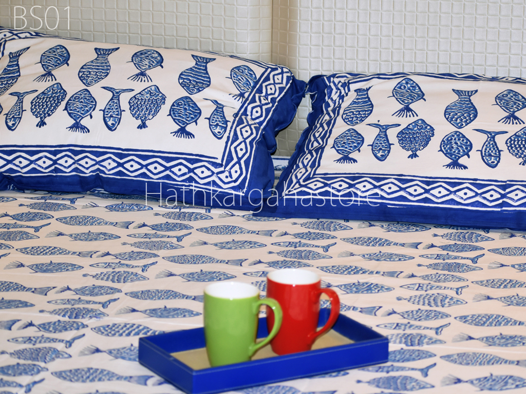 Indian Block Printed Cotton Bedsheet with Two Pillow Covers King Size 