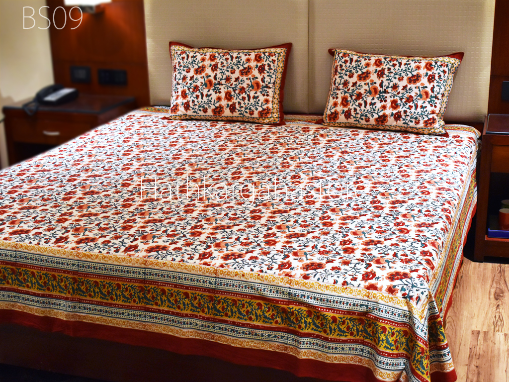 Indian Floral Print Cotton Bed sheet Handmade Throw Queen with two Pillow cover 