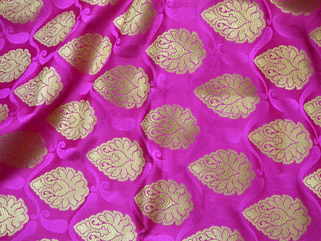 Magenta And Gold Woven Large Leaves Design Silk Brocade Blended Silk By The Yard Indian Banarasi Fabric Jacket Sewing Material Bridal Clutches Wedding Dress Lehenga Making Skirt