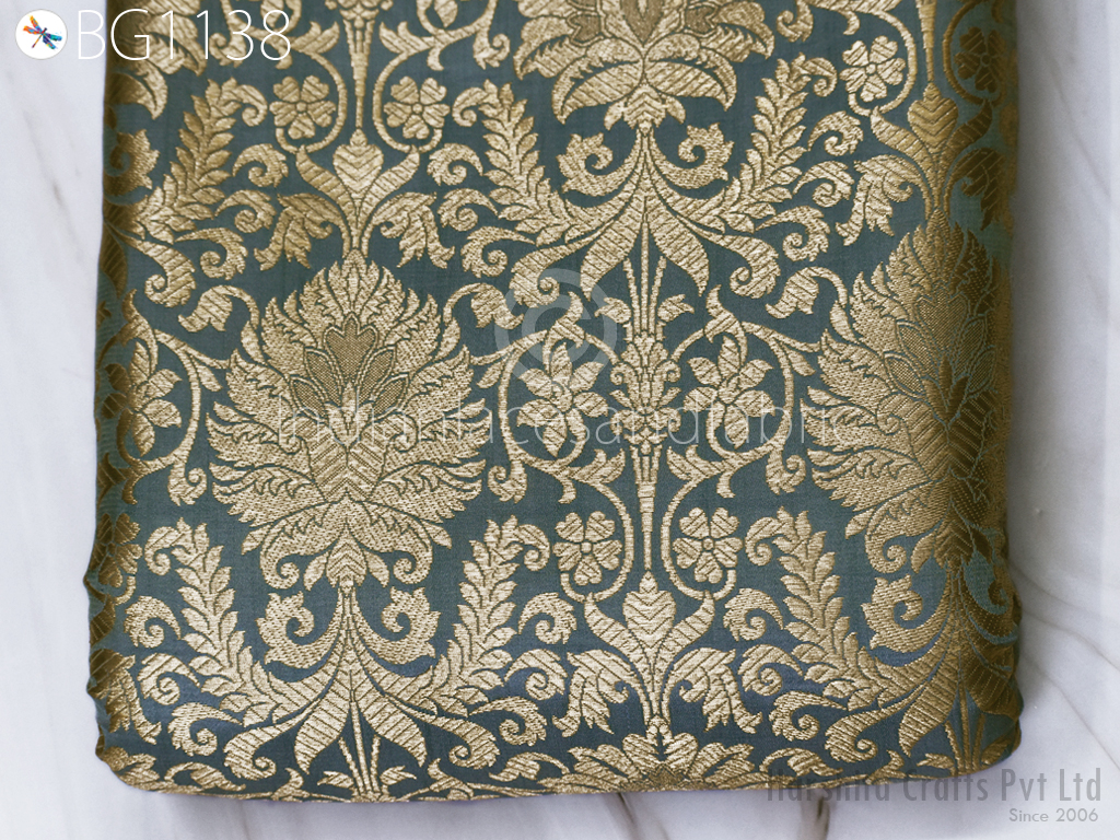 Pure Cotton Black Banarasi Brocade With Gold Motifs Woven Fabric
