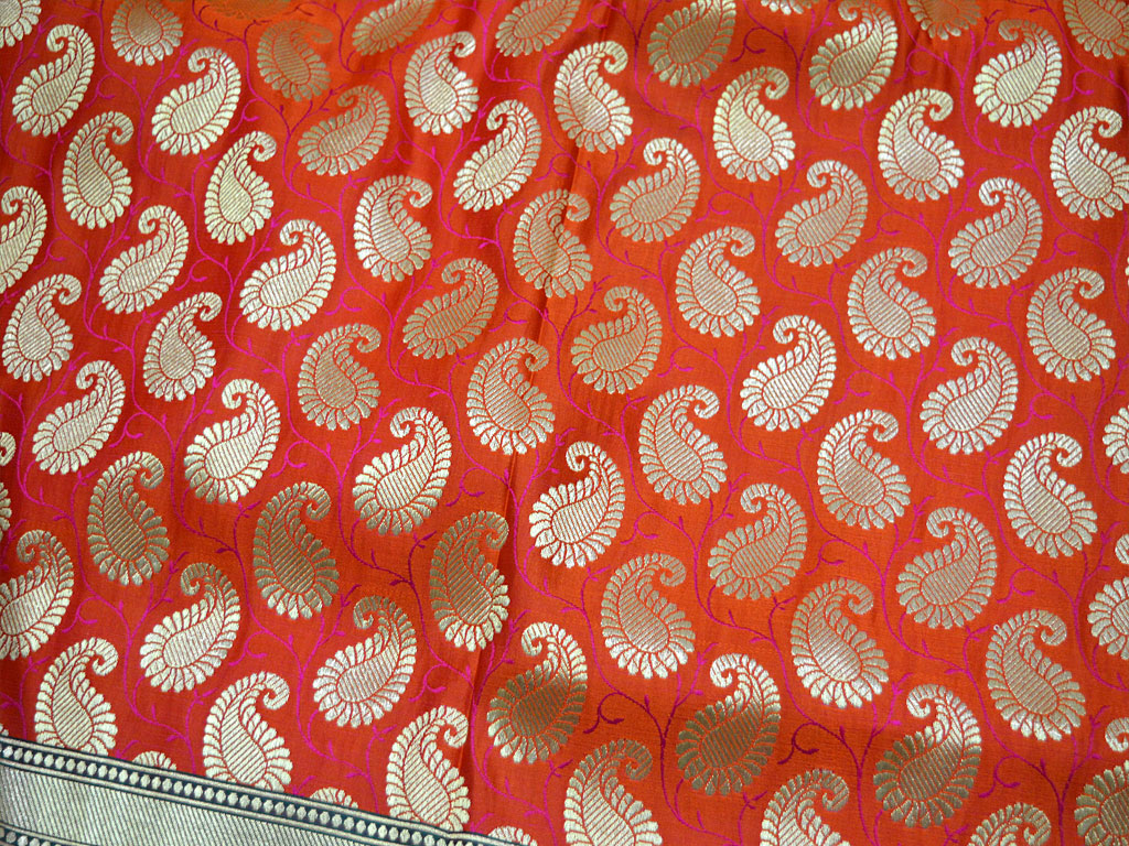 Blended Orange Brocade By The Yard Headband Material Banarasi Jacket Fabric Midi Dress Golden Design Bow Tie Making Home Furnishing Fabric Wedding Dress boutique material