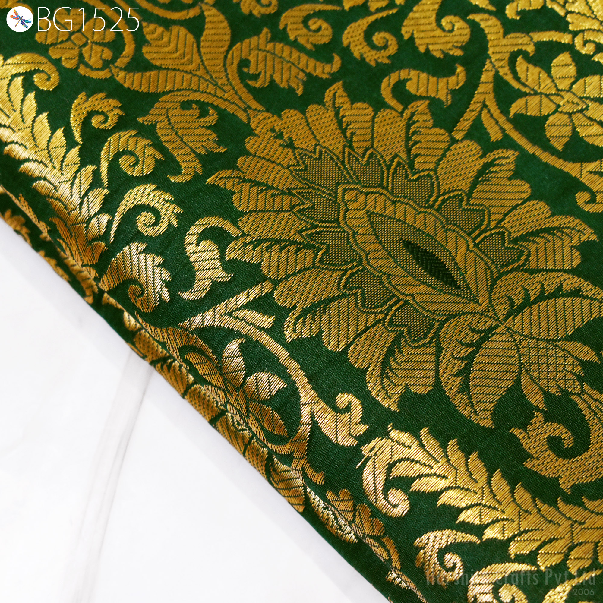 Indian Bottle Green Gold Brocade Fabric by the Yard Banarasi Wedding Dress Fabric Banaras  Home Décor Clothing..