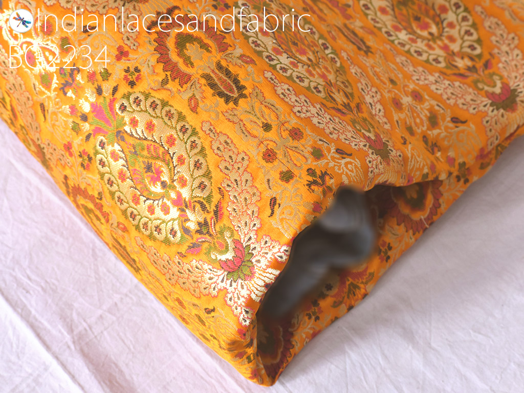 Indian Orange Brocade Silk Fabric By The Yard Wedding Dress Jacket Banarasi bridesmaid Costume Material Sewing DIY Craft Curtain Upholstery Furnishing cushion cover table runner