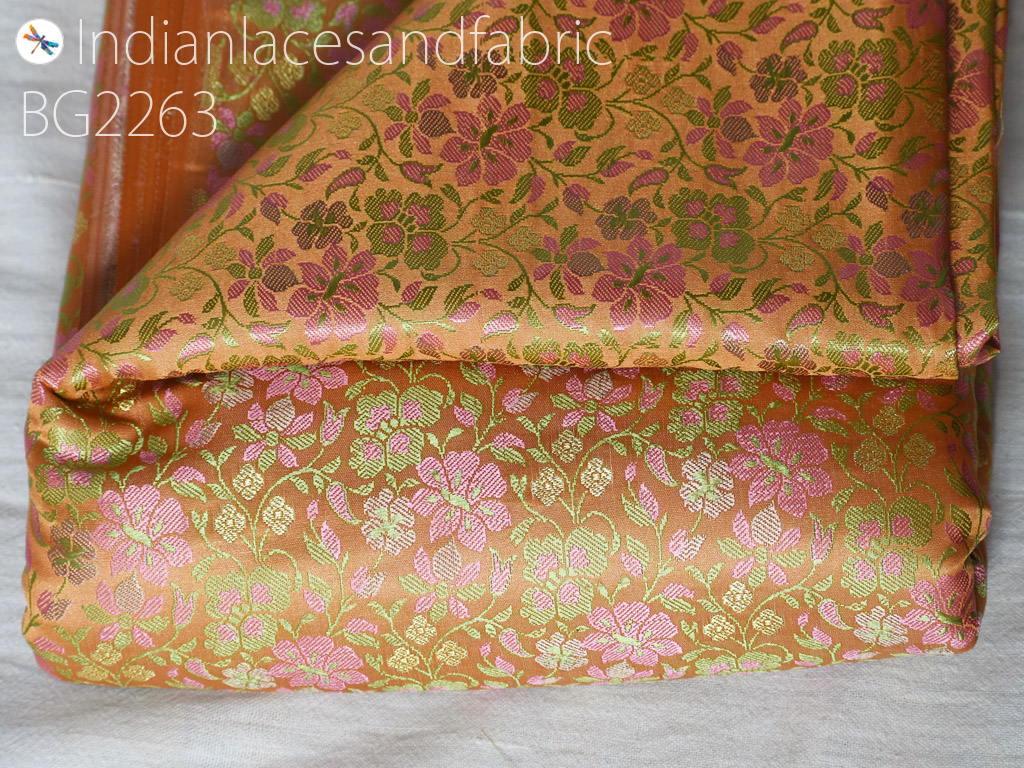 Indian tangerine jacquard brocade bridal wedding dress material fabric by the yard DIY crafting sewing silk curtains making duvet covers clutches home décor furnishing table runner