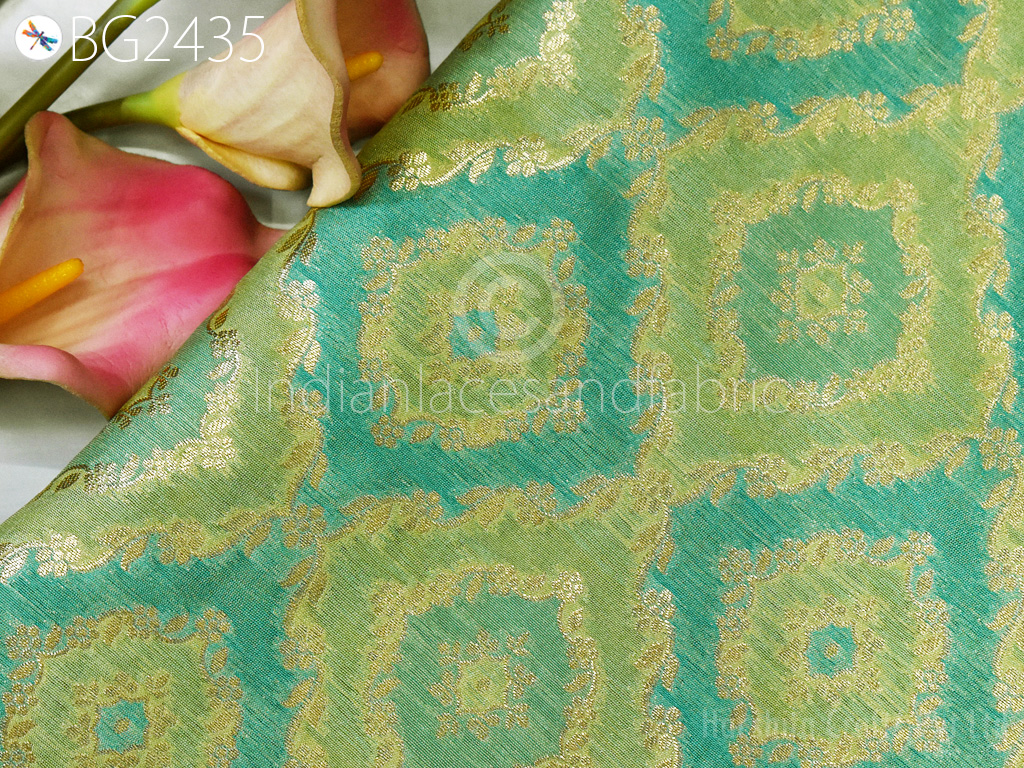 Indian Blended Banarasi Pistachio Brocade Fabric by the Yard Wedding Dress Jackets Dress Material Sewing Cushion Cover Home Décor Crafting