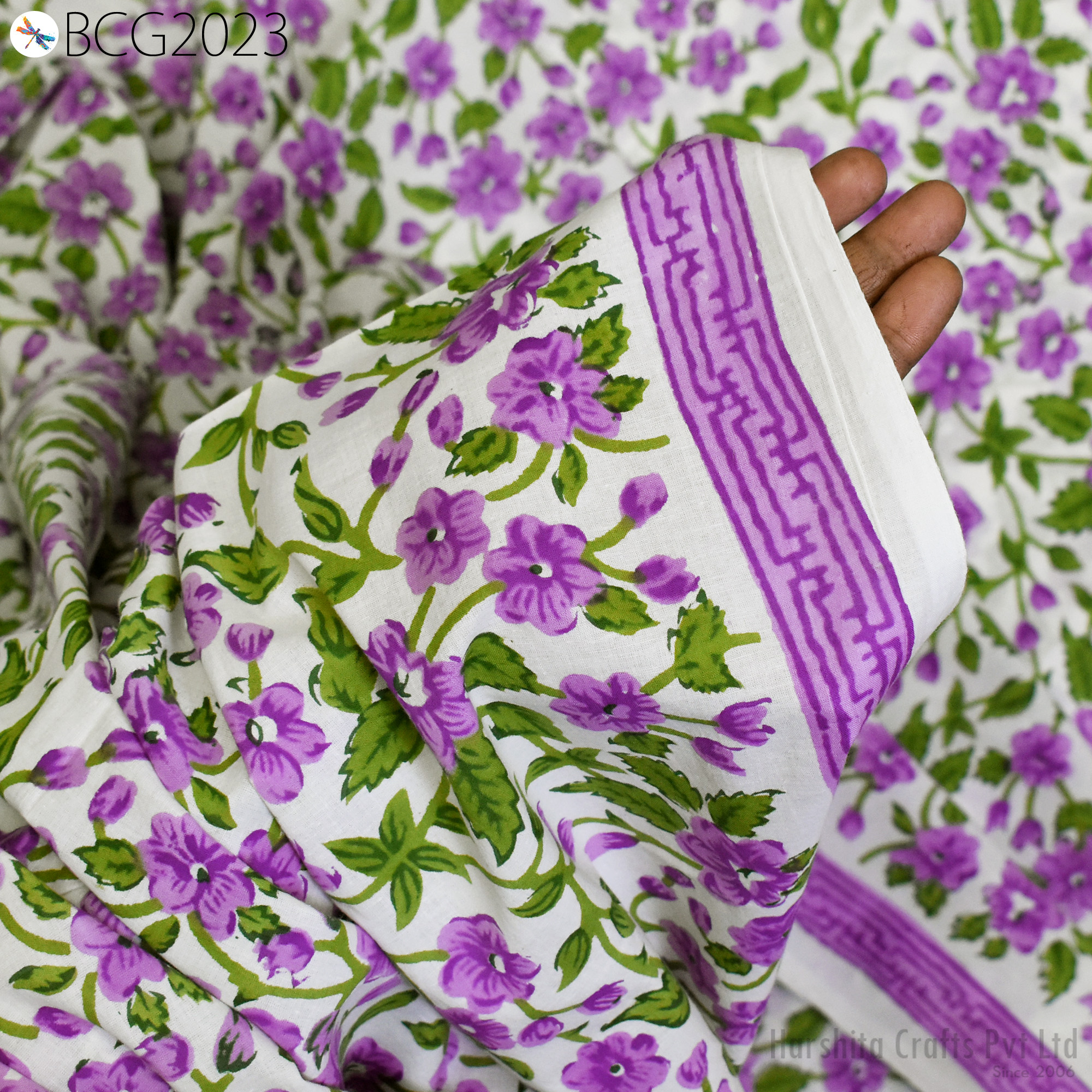 Purple Floral Bohemian Hand Block Printed Cotton Fabric by the yard Women Girls Spring Summer Dress Boho Sewin..