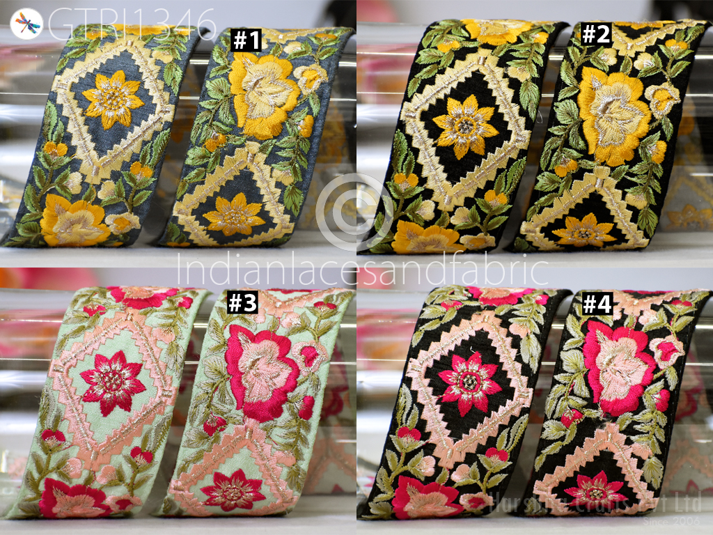 9 Yard Floral Embroidered Fabric Trim Indian Sari Border Table Runner Crafting Sewing Guitar Belts Beach Bag C..