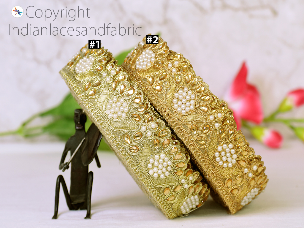 9 Yard Indian gold Stone lehenga trim wedding wear gown laces decorative embellishment saree ribbon home décor..