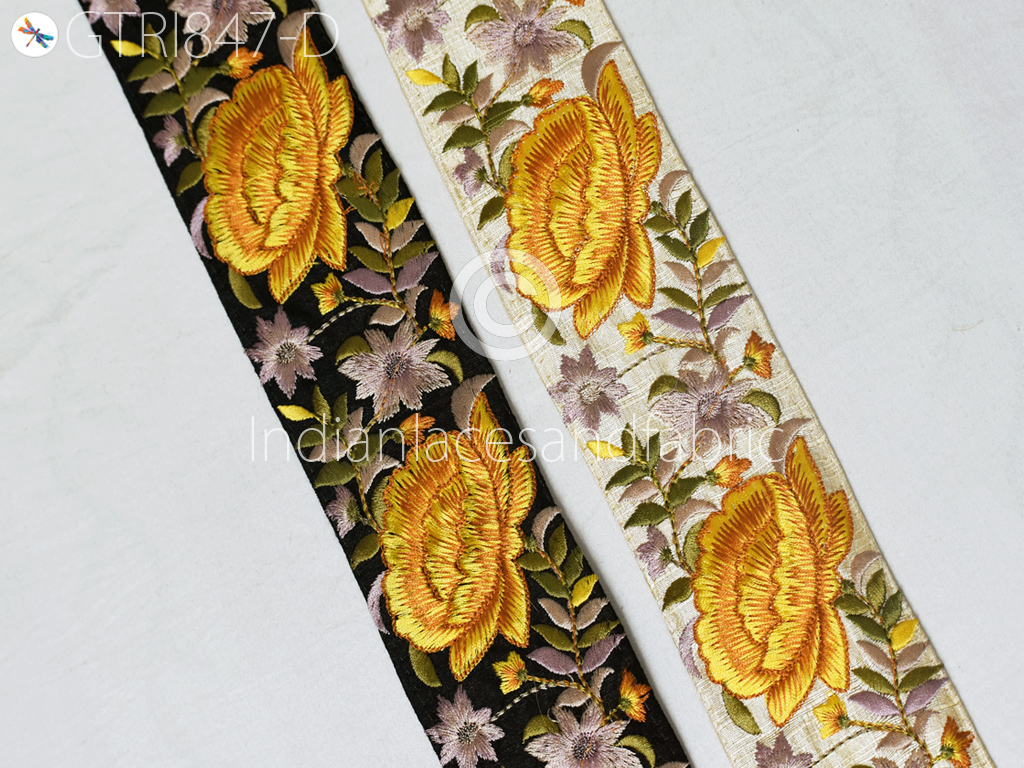 9 Yards Floral Embroidery Saree Border Lace Trim Ribbons for Belt, Bow &  HatBand