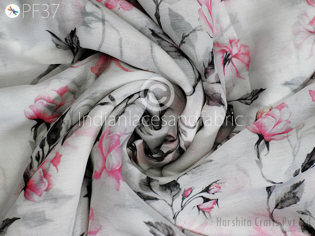 Floral Printed Silk Georgette - Black / White - Fabric by the Yard