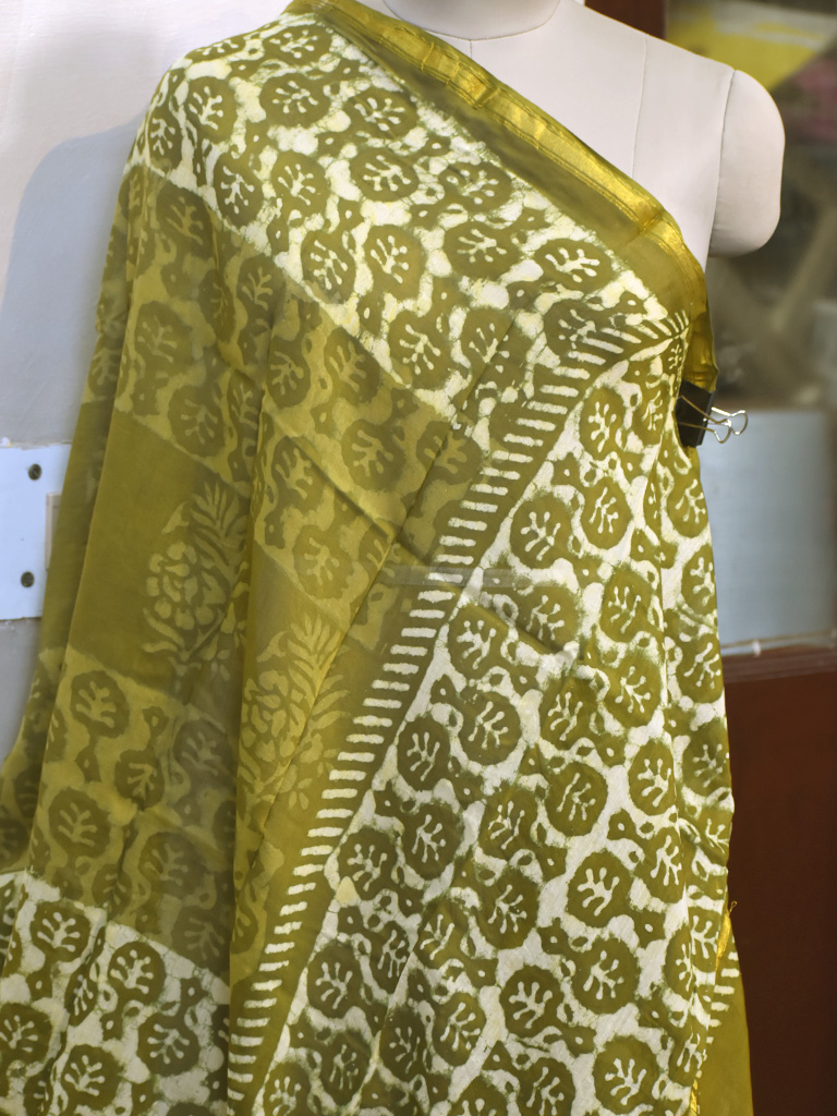 Vintage Dupatta Long Stole Chanderi Hijab Green Block Printed Scarves