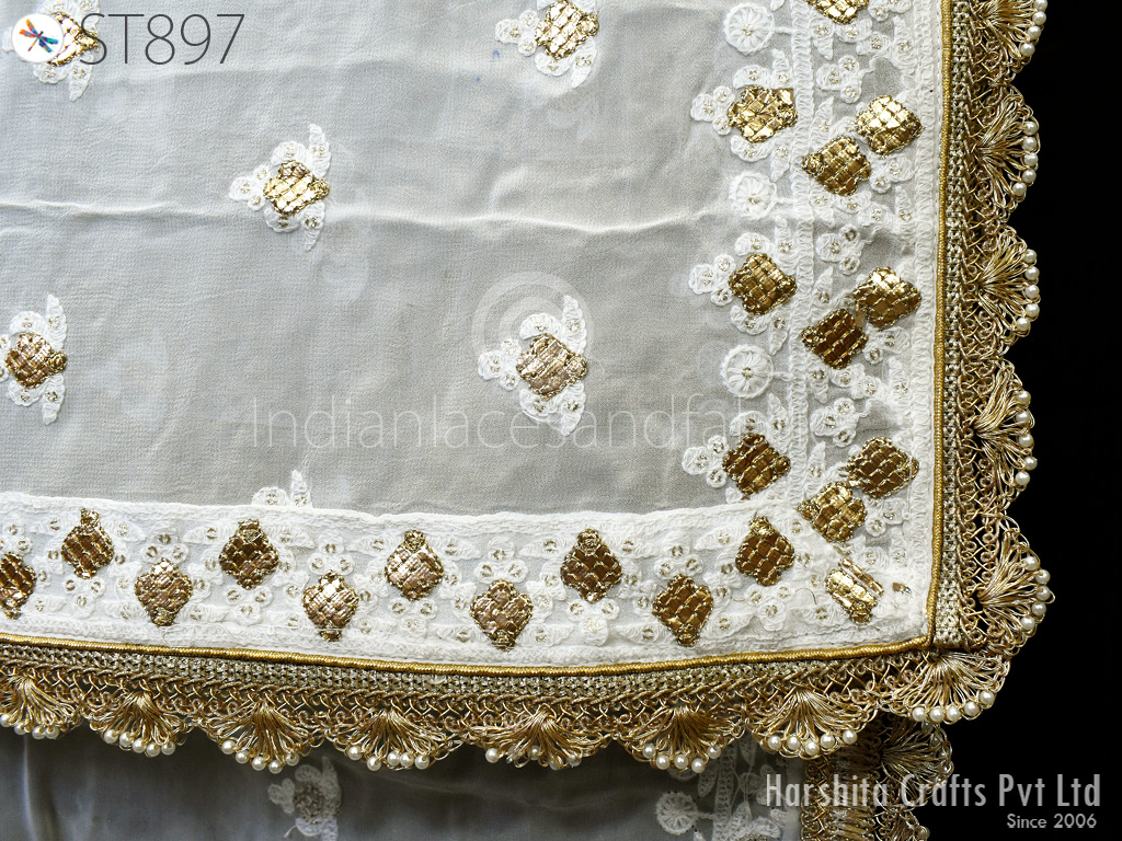 White Dyeable Georgette Dupatta with gold lace Festive Occasion
