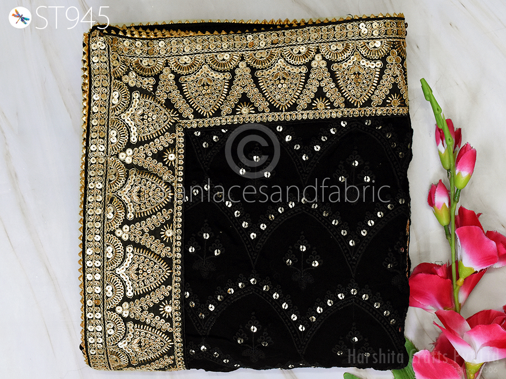 Women Black Embroidered Chinkarai Dupatta Georgette Gift for Women Chunni Bridal Veil Lehenga Embroidery Festival Punjabi Dress Wedding 2.4 Yard.